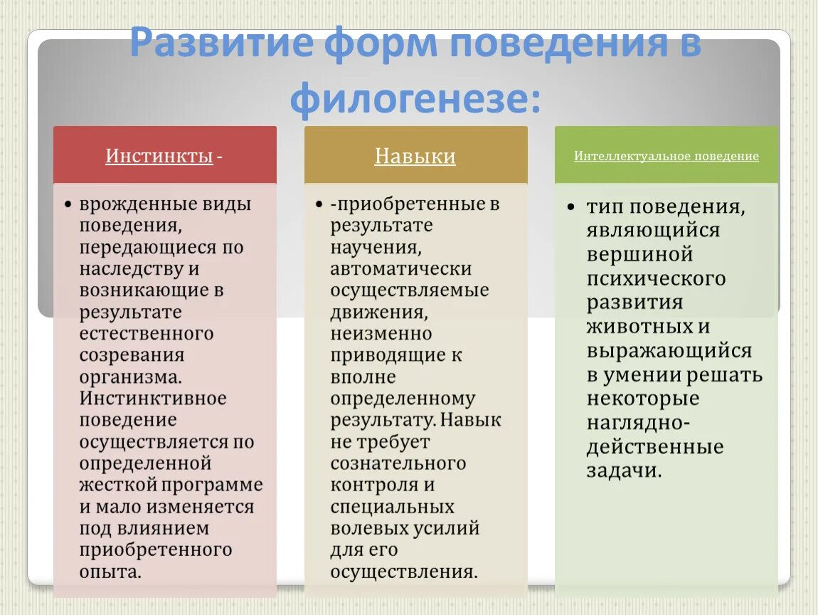 Формы приобретенной программы. Форма поведения в филогенезе. Развитие форм поведения в филогенезе. Основные формы поведения. Развитие психики в филогенезе.