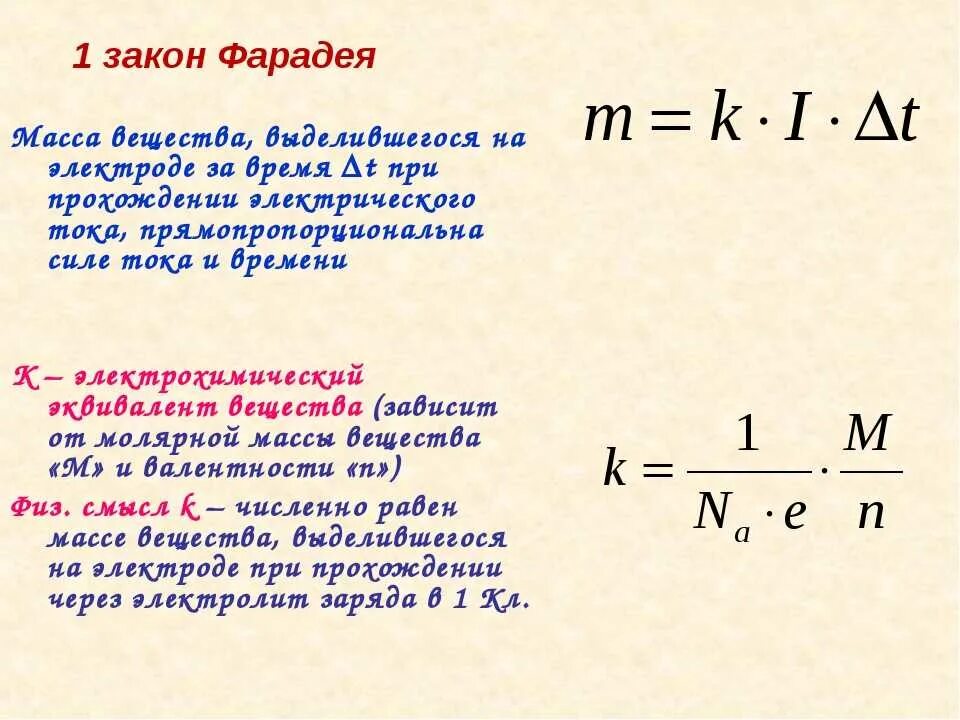 Чем это объясняется какая формула. 1 И 2 закон Фарадея. 2 Закон Фарадея для электролиза формула. Закон Фарадея формулировка и формула. Второй закон закон Фарадея.