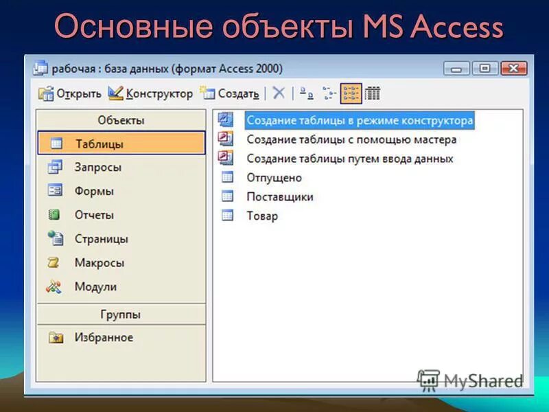 Основной мс. СУБД МС access. 2. СУБД MS access. Элементы базы данных access. . Интерфейс базы данных MS. access.