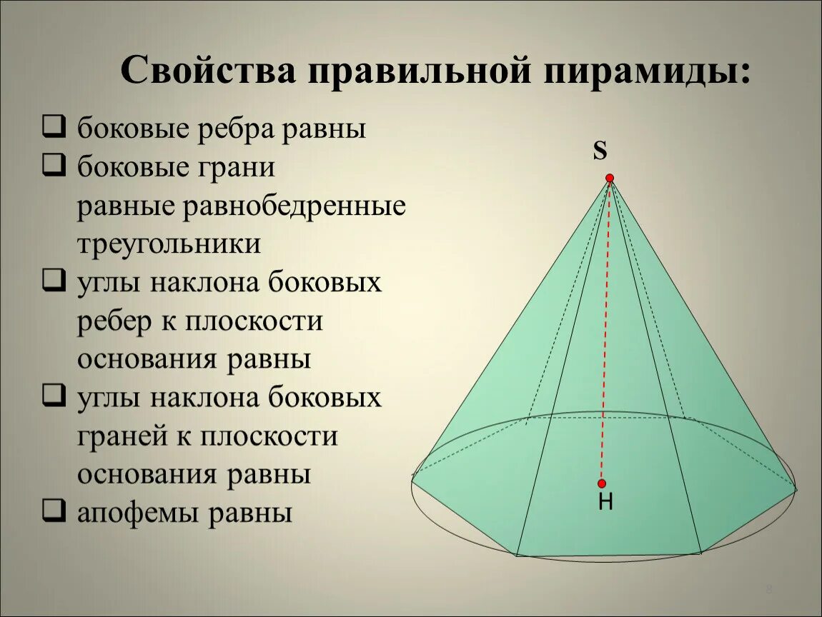 Пирамида геометрия 10 класс атанасян презентация. Основные свойства правильной пирамиды. Пирамида геометрия 10 класс. У правильной пирамиды боковые ребра боковые грани. Свойства правильной пирамиды геометрия 10 класс.