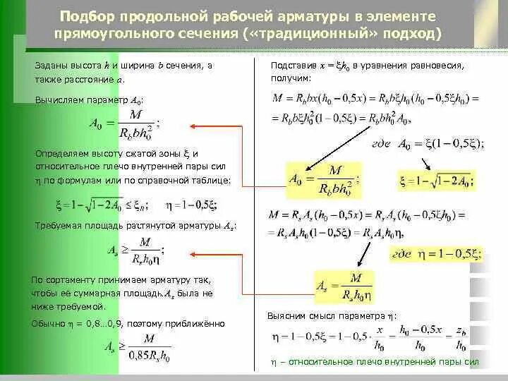 Формула арматуры. Формула для подбора сечения арматуры. Формула подбора арматуры. Подбор сечения продольной арматуры. Подбор арматуры в изгибаемом элементе.