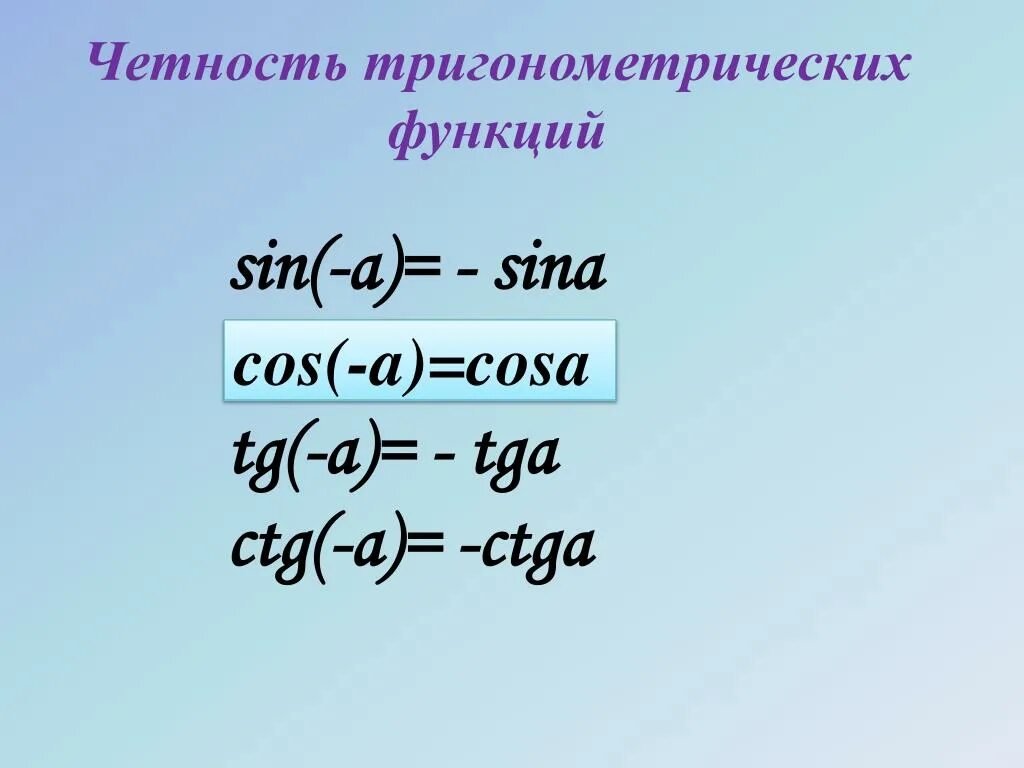 Чётность и нечётность функции тригонометрия. Свойство чётности или нечётности тригонометрических функций. Четность тригонометрических функций. Честность ,нечестность триганомических функций.