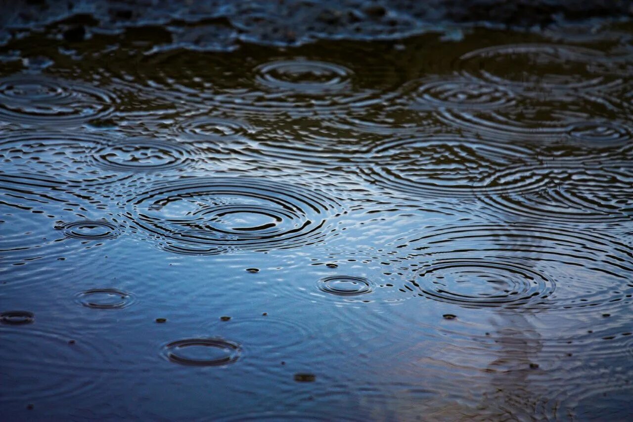 Капли дождя на воде. Круги на воде. Разлитая вода. Лужа воды. Разводы на воде.