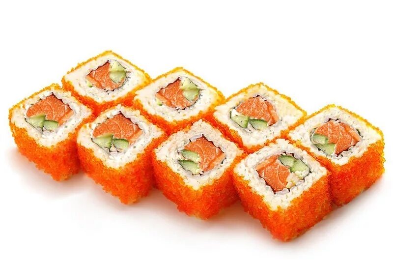 Калифорния с лососем в красной тобике. Роллы калифорния с лососем. Ролл калифорния с лососем. Суши калифорния с лососем. Ролл калифорния с лососем.