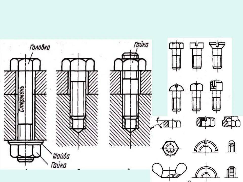 Обозначение резьбовых соединений. Крепежные соединения болтовое шпилечное винтовое. Чертеж 3 соединений болтом шпилькой винтом. Болтовое резьбовое соединение шпилькой. Болтовое соединение и соединение шпилькой чертеж.