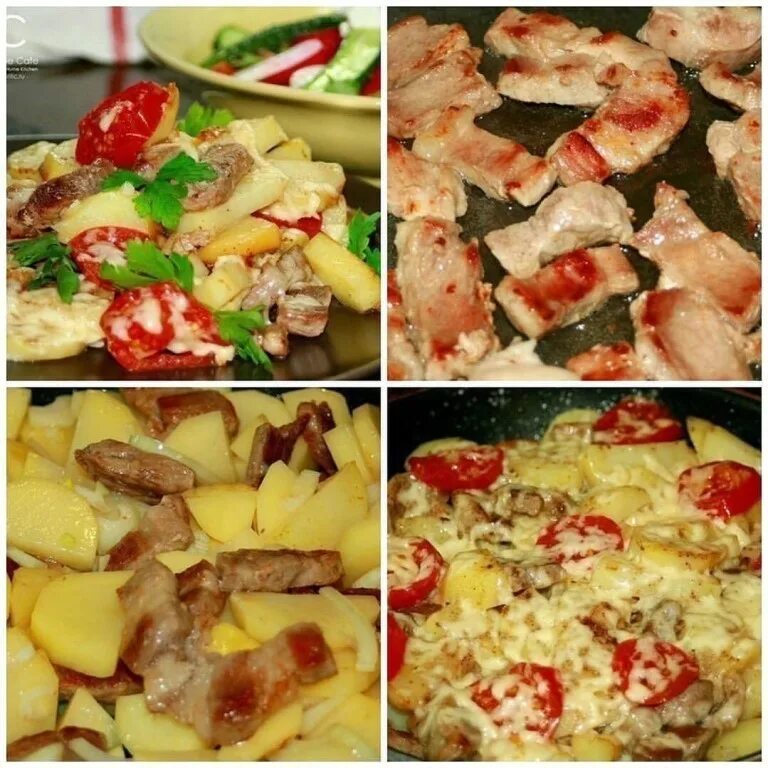 Картошка по французски на сковороде. Мясо по-французски с картошкой. Картошечка с мясом на сковороде. Картошка с мясом и сыром на сковороде. Картошка с помидорами на сковороде.