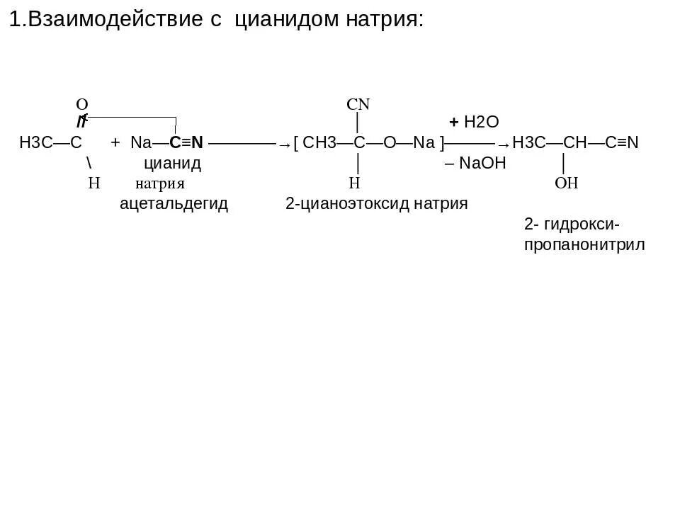 Кетон с цианидом. Ацетальдегид и натрий. Уксусный альдегид и натрий. Реакции цианидов.