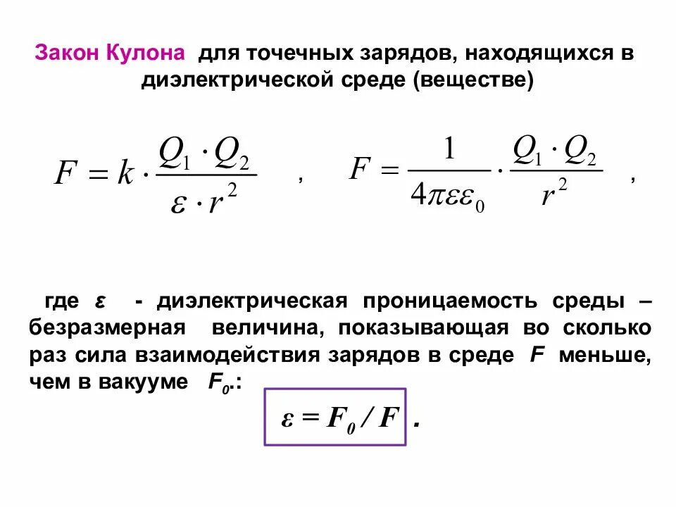 Формула величины заряда q2. Сила кулона для точечных зарядов. Формула силы кулона с диэлектрической проницаемостью. Сила взаимодействия электрических зарядов формула. Сила взаимодействия зарядов в среде формула.