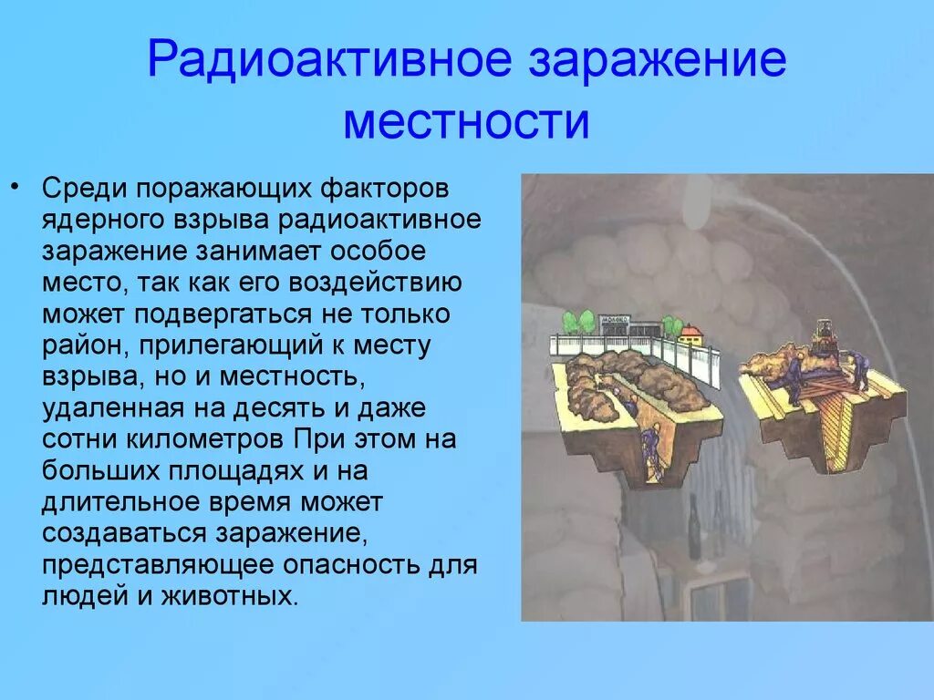 Радиоактивное заражение местности ядерного взрыва. Поражающие факторы радиоактивного заражения. Радиоактивное заражение характеристика поражающего фактора. Поражающие факторы радиоактивного заражения местности. Радиационное заражение местности поражающие факторы.