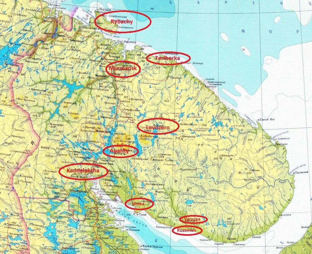 Показать на карте где находится мурманск. Мурманск на карте Кольского полуострова. Карта Кольского полуострова с городами и поселками. Физическая карта Кольского полуострова. Кольский полуостров на карте.