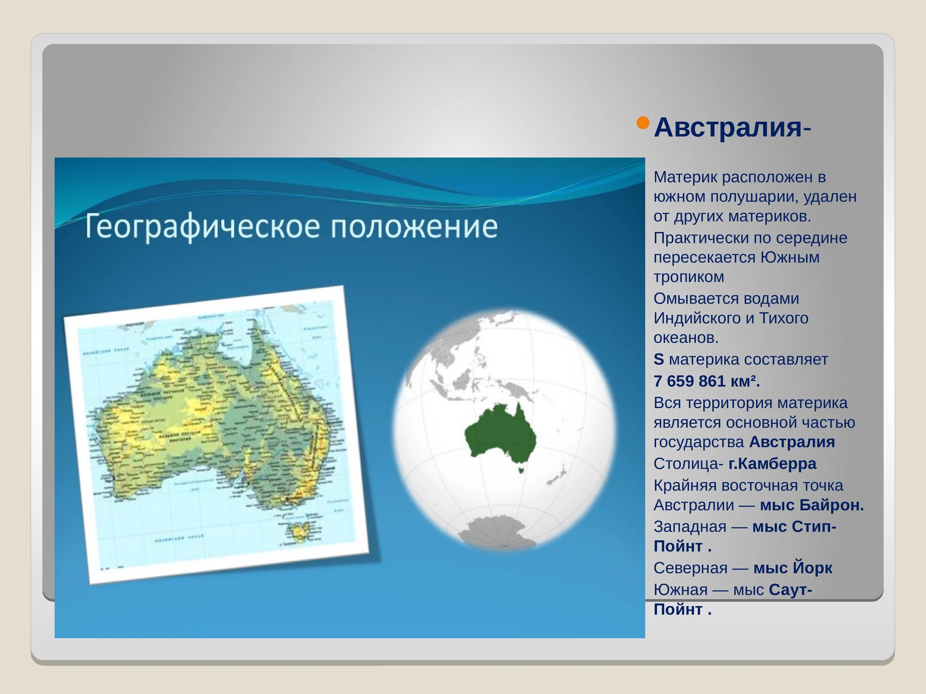 Материк расположен в северном и южном полушарии. Проект про материк Австралия. Географическое положение материка. Дополнительная информация о Австралии. Австралия основные сведения.