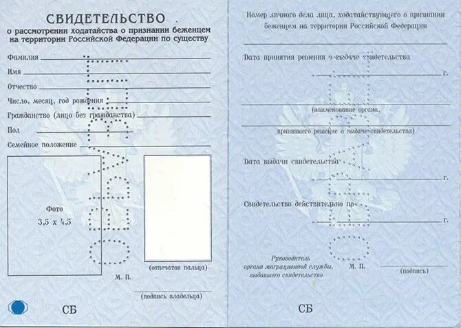 Свидетельство о признании беженцем.