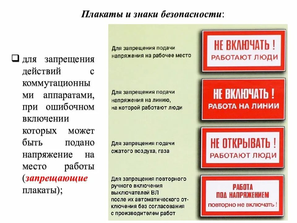 Плакаты и знаки безопасности. Плакаты и знаки безопасности в электроустановках. Знаки безопасности запрещающие подачу напряжения. Запрещающие плакаты в электроустановках.