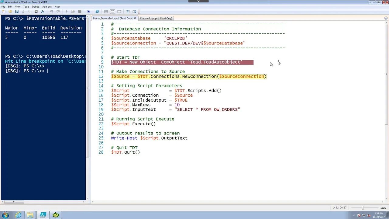 Using script. Script execute в sql. execute powershell script. memory_target в toad. restart code in powershell.