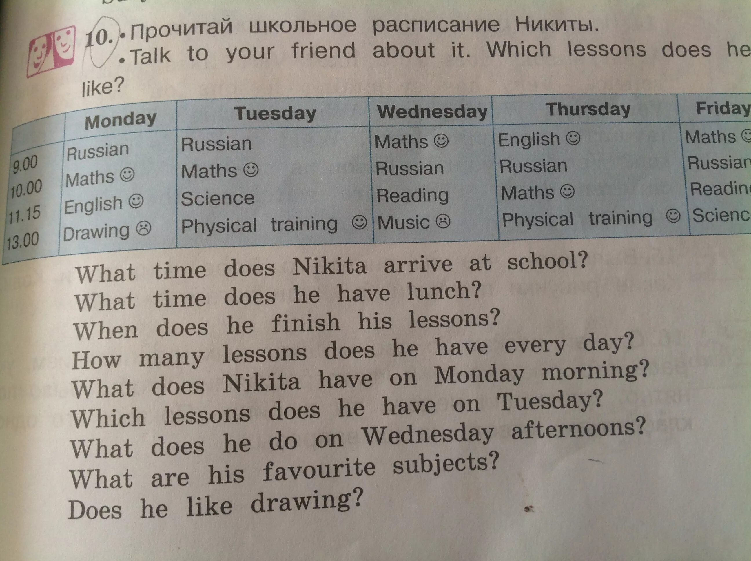 Does your friend like. Прочитай школьное расписание Никиты. Does your friend like Maths. Does your friend like Maths перевод на русский. What time does Nikita arrive at School перевод на русский.