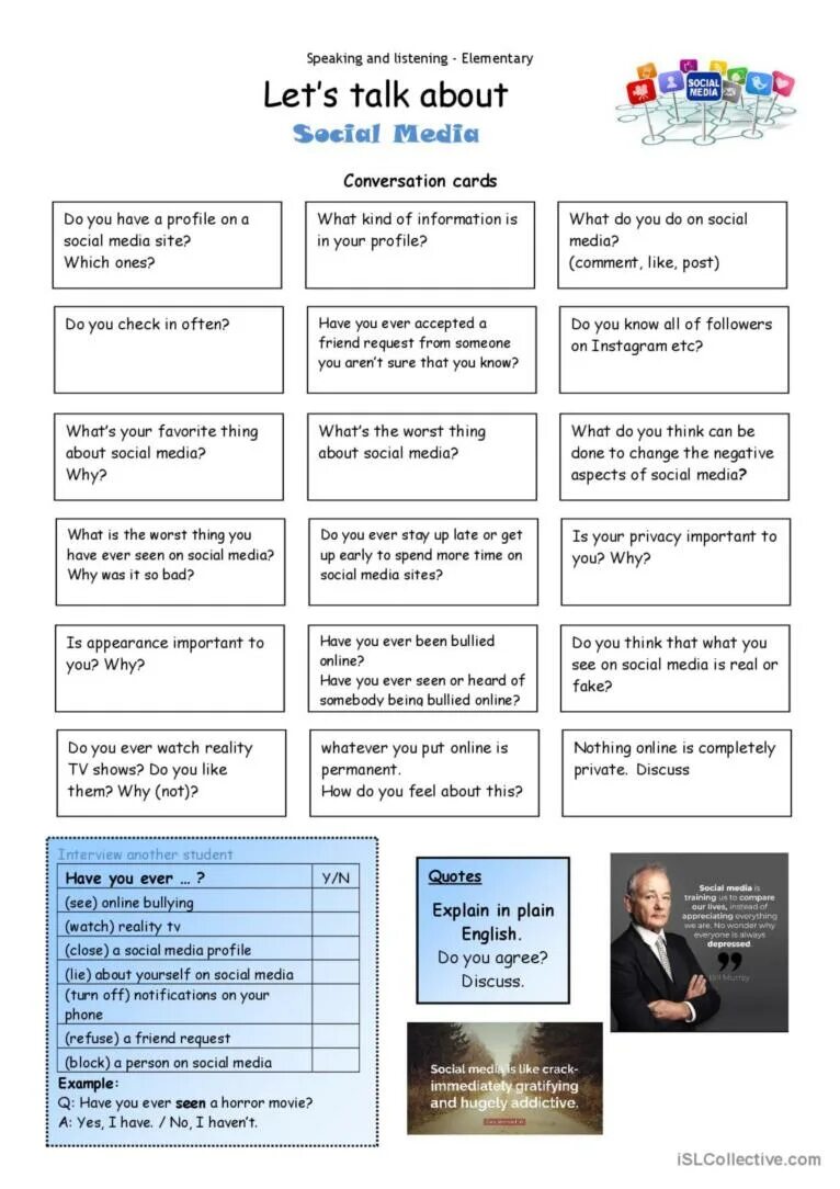 Questions about internet. Social media speaking cards. speaking cards lets talk. technology speaking cards. let&#039;s talk about.