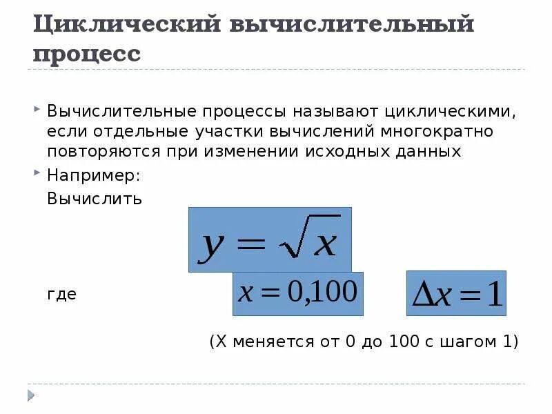 Какой процесс называется циклическим. Циклический вычислительный процесс. циклический вычислительный процесс с параметром. итеративный вычислительный процесс. пример циклического вычислительного процесса с параметром.