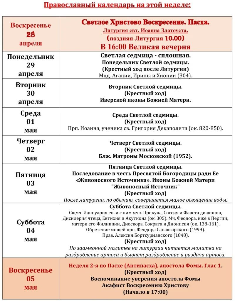 Расписание богослужений храм апостола фомы на кантемировской. Календарь светлой седмицы. Название дней светлой седмицы. Светлая седмица. Светлая седмица сплошная среда светлой седмицы.