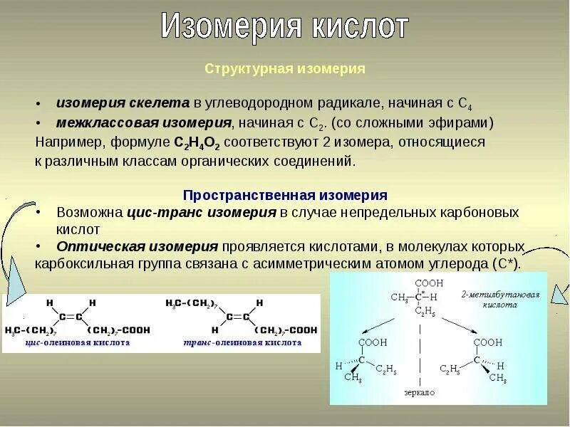 Межклассовая изомерия органических кислот. Олеиновая кислота пространственная изомерия. Оптическая изомерия карбоновых кислот. Изомерия карбоновых кислот.