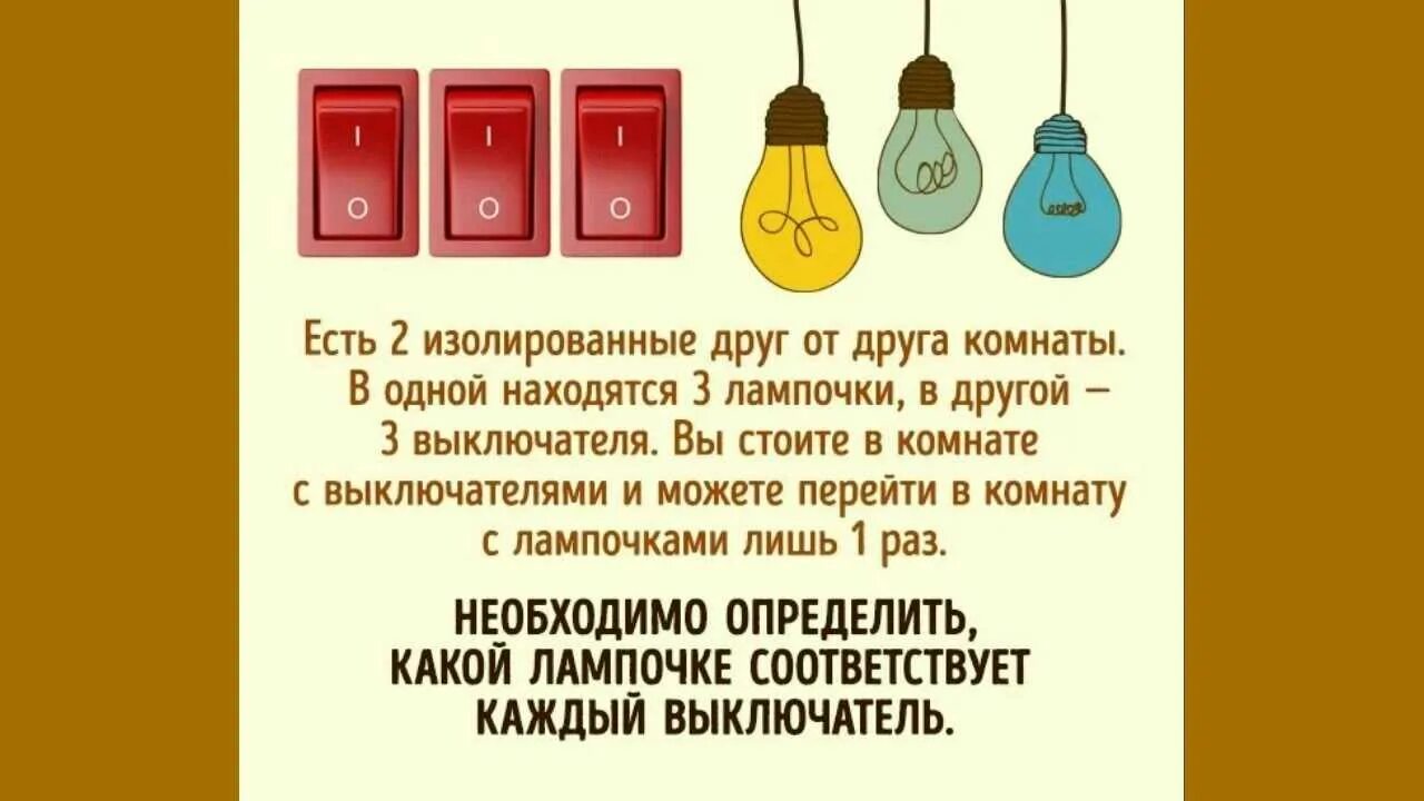 Включи лампочку 2 лампочку 3. Головоломка про лампочки и выключатели. загадка про лампочки и выключатели. головоломка про лампочку и три выключателя. логическая задача про лампочки.