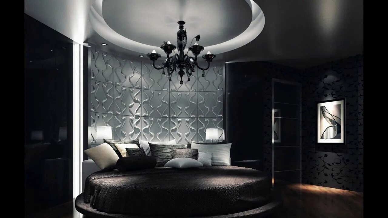 Спальня в черных тонах. Круглая кровать в интерьере. Кровать круглая для спальни. Спальня в готическом стиле.