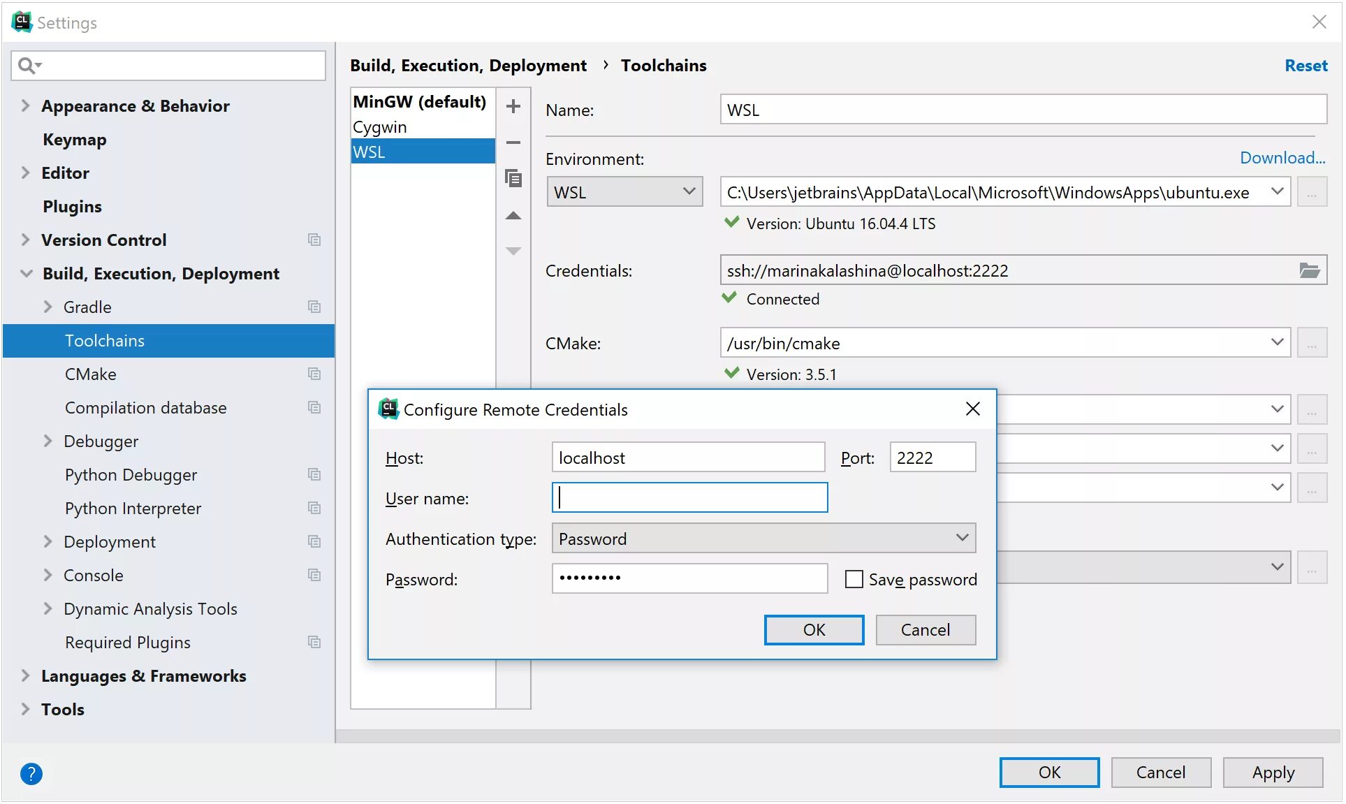 CLION инструмент. Toolchain Cygwin. Настройка wsl2. Toolchains are not configured.