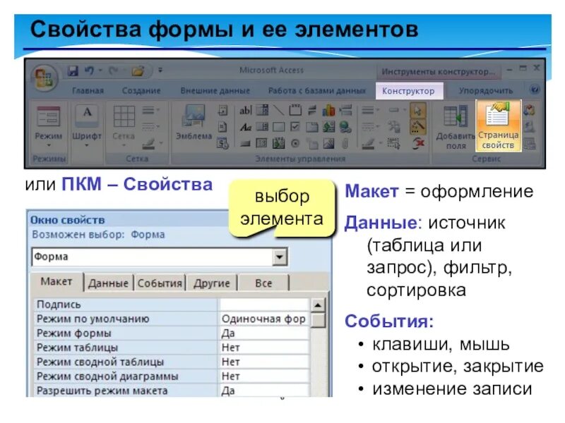 Режим сводной таблицы в access. Форма в режиме макета. Свойства формы. Источник таблицы оформление.