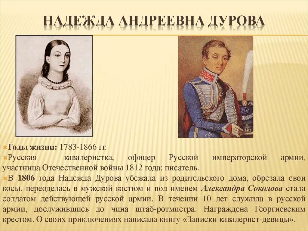 Краткие биографии известных людей. Дурова 1812.