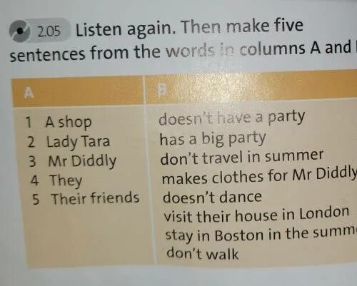 Listen again then make sentences and say. Watch the Words in column a to the Words in column b.. Valley wooded 5 sentences. The visit their friends