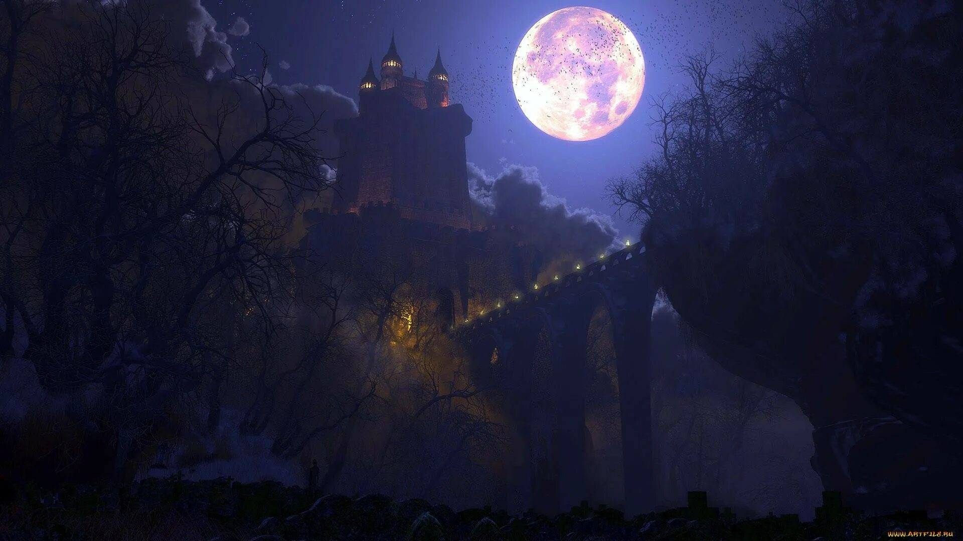 Коридор полнолуния. Замок Дракулы. Замок Дракулы арт. Ночь Луна замок Дракулы. Castlevania замок Дракулы.