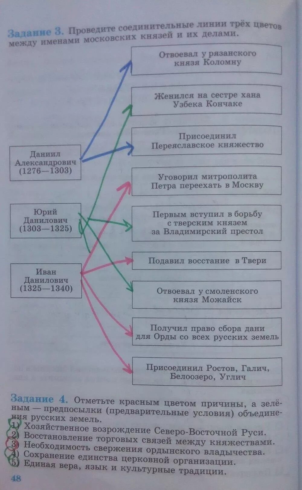 Ответы рабочая тетрадь история россии 6 класс. Проведите соединительные линии трёх цветов между именами московских. Проведите соединительные линии трех цветов. Рабочая тетрадь по истории России 6 класс Данилов. Рабочая тетрадь по истории страница 48.