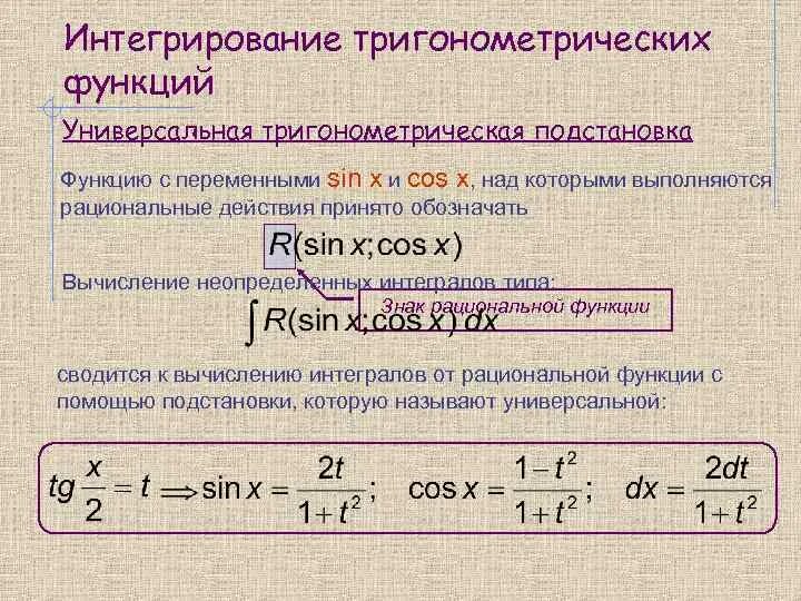 Интегрирование степеней. Интегрирование тригонометрических функций. Тригонометрическая подстановка. Универсальная тригонометрическая подстановка. Основная тригонометрическая подстановка.