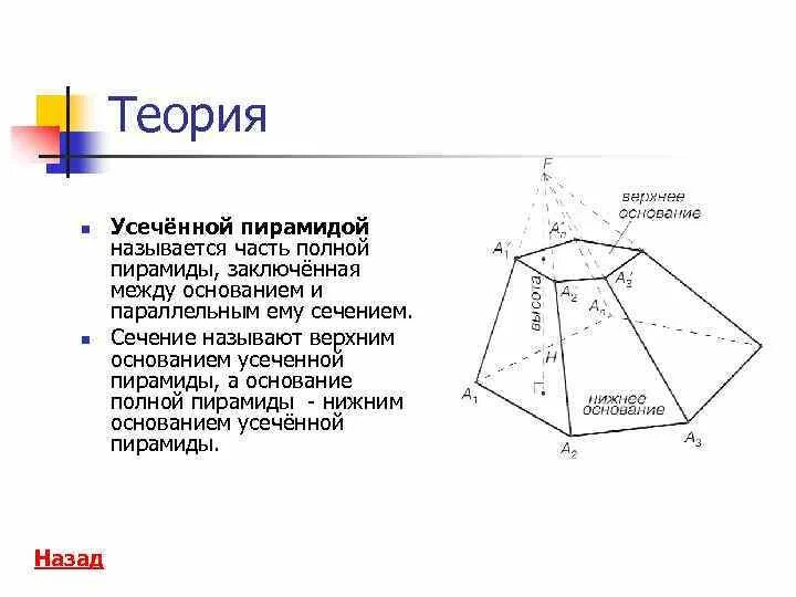 Многоугольники в основании усеченной пирамиды. Сечения пирамиды. Усечённая пирамида. Формула основания усеченной пирамиды. Усеченная пирамида с прямоугольным основанием. Объем полной и усеченной пирамиды.