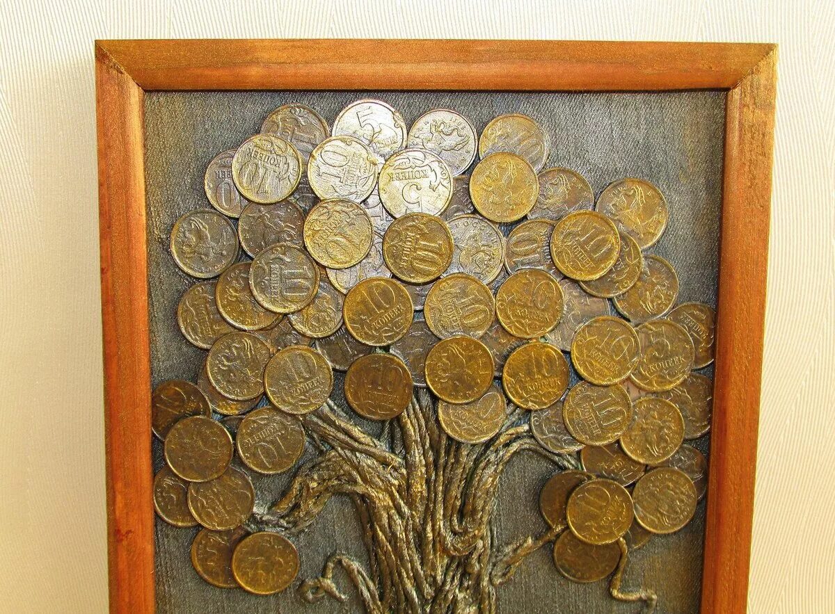 Поделки из монет. Дерево из монеток. Панно из монет. Панно с монетами.