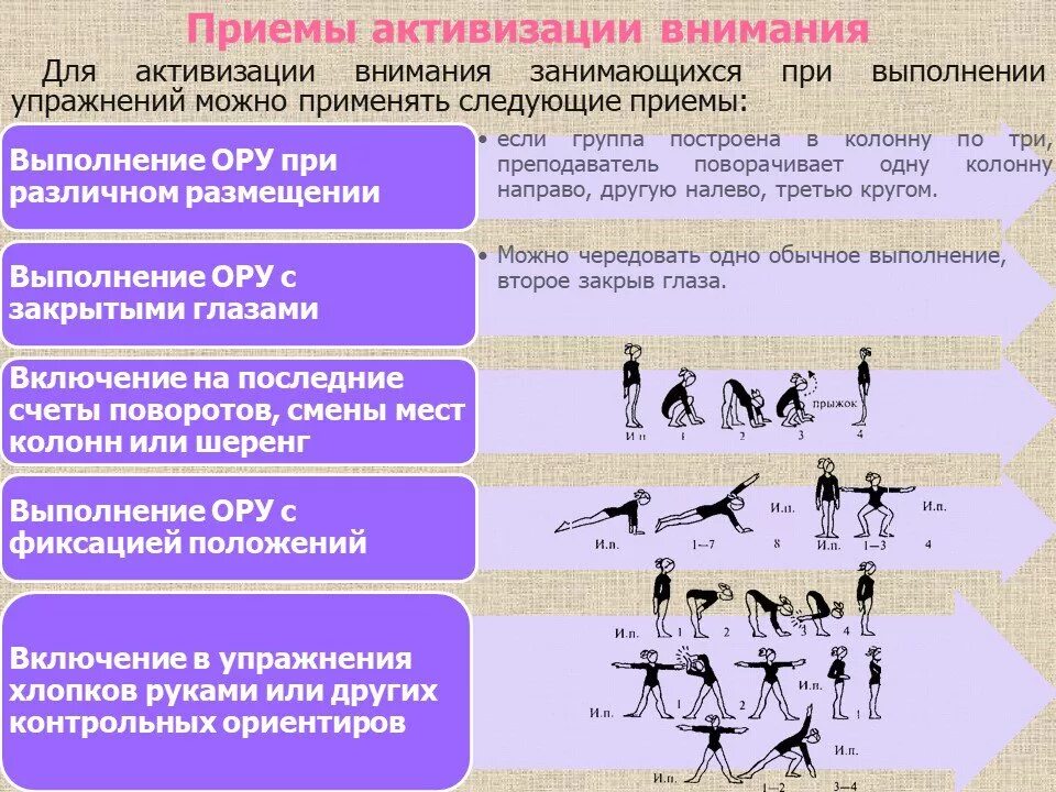 Этапы физического обучения. Основные гимнастические упражнения. Общеразвивающие упражнения в гимнастике. Последовательность общеразвивающих упражнений. Приемы в гимнастике.