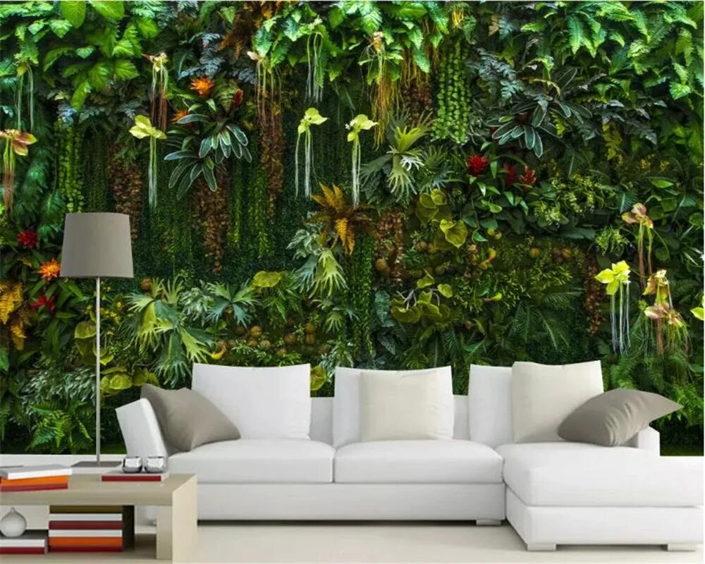 Гостиная в стиле джунгли. Стена с тропической зеленью. Тропики в интерьере. Тропические растения на стене.