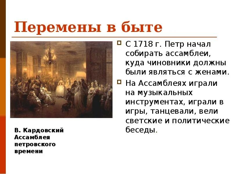 Изменения жизни при петре 1. 1718 Г. – Ассамблеи Петра. Культура и быт в 18 веке. Культура и быт первой четверти 18 века.