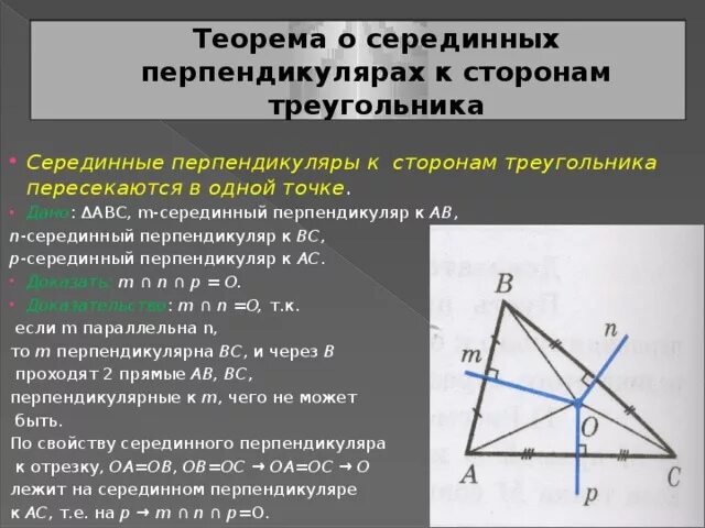 Точка пересечения серединных перпендикуляров в прямоугольном треугольнике. Серединные перпендикуляры к сторонам треугольника пересекаются. Серединный перпендикуляр в треугольнике. Теорема о серединном перпендикуляре треугольника. Серединный перпендикуля.