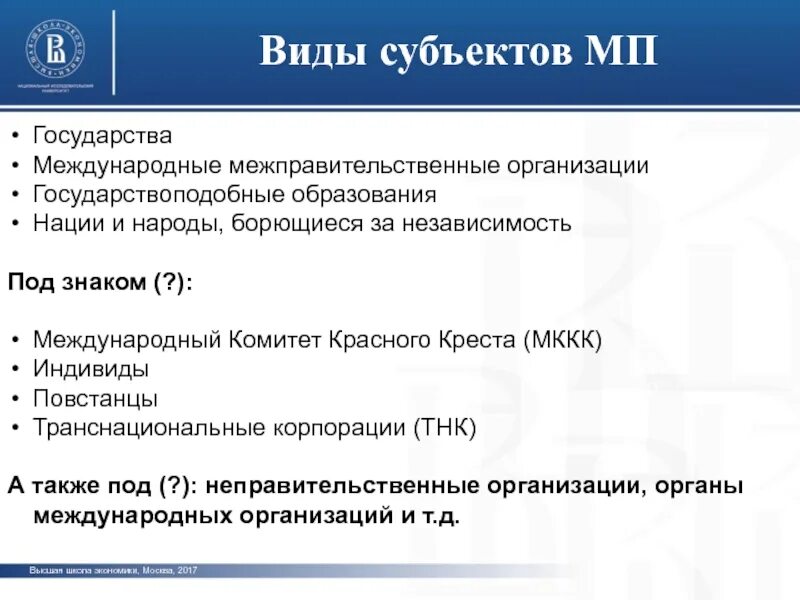 Виды субъектов МП. Международная правосубъектность наций и народов. Правосубъектность борющегося народа и нации. Международная правосубъектность государствоподобных образований.