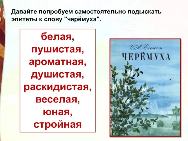 Стихотворения черемуха есенин 3 класс. Эпитеты в стихотворении черемуха. Черемуха Есенина. Эпитеты в стихотворении черемуха Есенина 3 класс. Эпитеты в стихотворении черемуха Есенина.