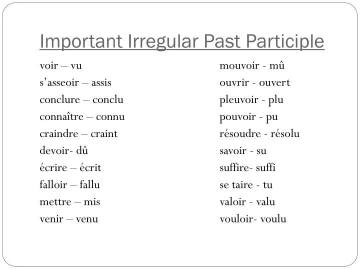 Craindre спряжение. Спряжение глагола conclure. Past participle watch. De в past participle. Глаголы в past participle