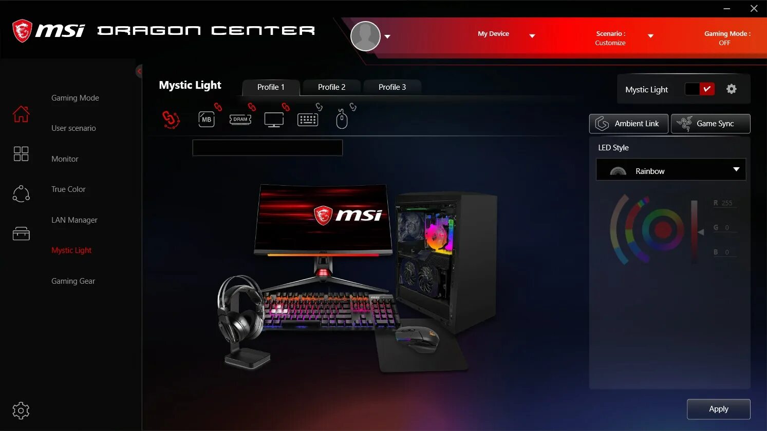 Device msi. Mystic подсветка MSI. MSI Dragon Center 1.2.1910.3101. MSI Dragon Center 2.0.38. MSI Mystic Light 3.