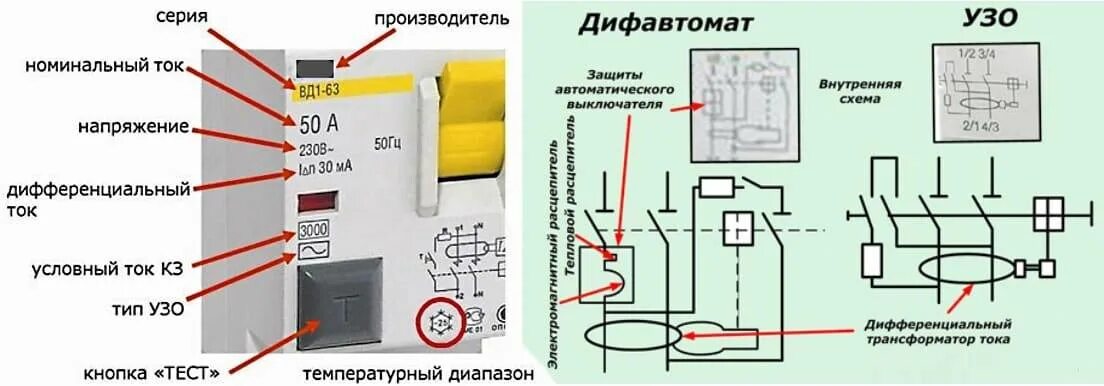 Как обозначается узо. Схема узо и схема дифавтомата. выключатель дифференциального тока вд1-63 схема подключения. маркировка диф и узо. устройство защитного отключения схема.