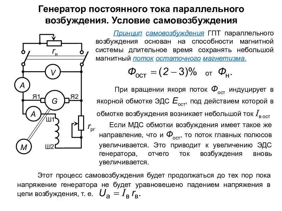 Генератор постоянного тока с параллельным возбуждением. Схема генератора параллельного возбуждения. Схема генератора постоянного тока с независимым возбуждением. Самовозбуждение генератора постоянного тока. Работа автогенератора