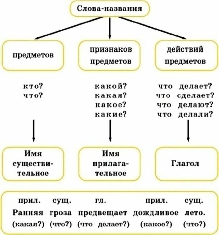 Подчеркнуть слова обозначающие имя существительное. Части речи 2 класс русский язык. Части речи в русском языке таблица 2 класс. Части речи в русском языке таблица с примерами 2 класс. Схема частей речи в русском языке 2 класс.