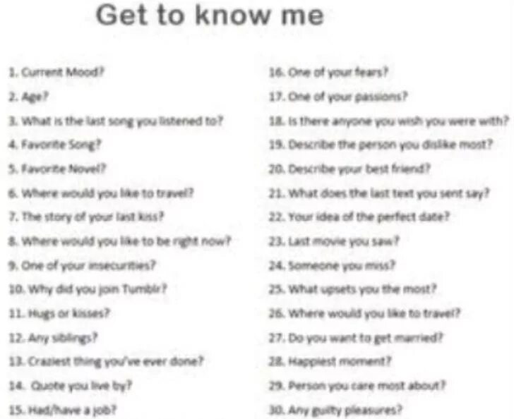 Questions to know each other better. Get to know you questions. Questions to get to know each other. Questions to get to know someone.