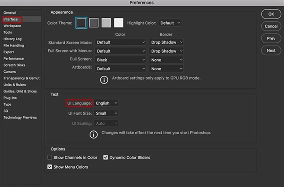 Интерфейс фотошопа на английском. Preferences в фотошопе. Интерфейс английского фотошопа на русском. Как поменять язык в фотошопе.