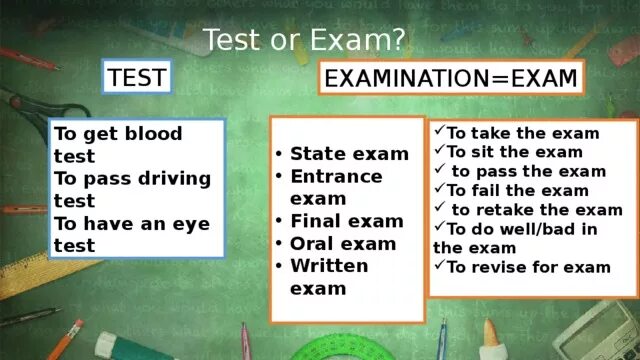 Тест между. Test exam разница. различие между test и exam. test and exam разница в значении. отличие слов test и exam.