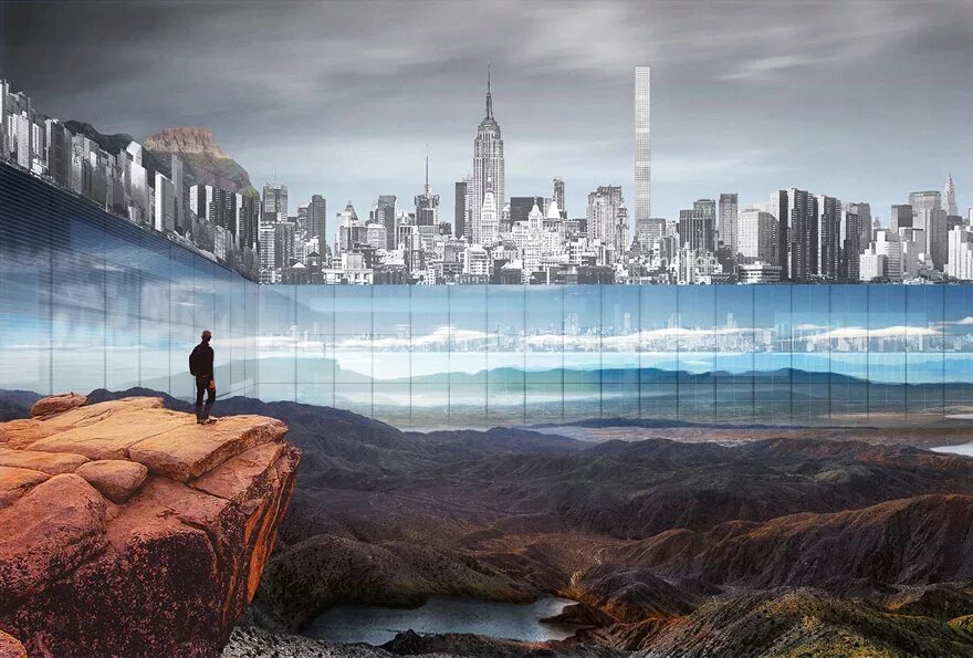 Стоит огромная стена. Хоризон Нью Йорк. Будущие небоскребы Нью Йорка. Стена город будущего. Будущее Нью Йорка.