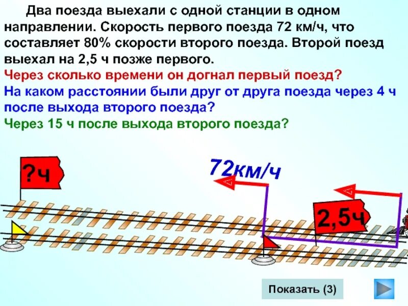 Скорый поезд догонит. Выехали два поезда. Средняя скорость пассажирского поезда. Скорость 2 поезда. Задача про поезда в одном направлении.